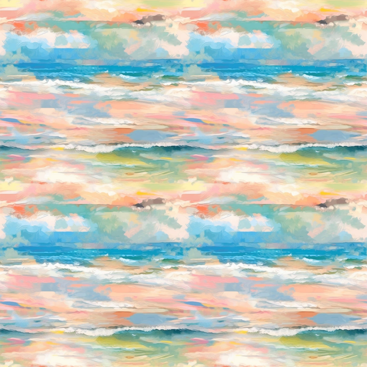 impressionist style, watercolor effect, ocean waves, seascape, coral pink, turquoise blue, sage green, peach tones, yellow accents, white foam, rolling waves, coastal scene, painterly brushstrokes, soft blended colors,, fabric panel, beachscape, maritime theme, flowing water, artistic waves