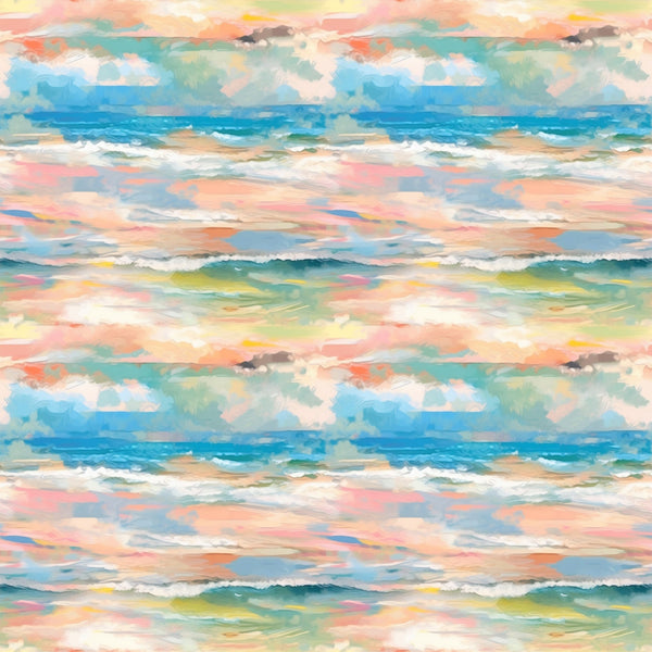 impressionist style, watercolor effect, ocean waves, seascape, coral pink, turquoise blue, sage green, peach tones, yellow accents, white foam, rolling waves, coastal scene, painterly brushstrokes, soft blended colors,, fabric panel, beachscape, maritime theme, flowing water, artistic waves