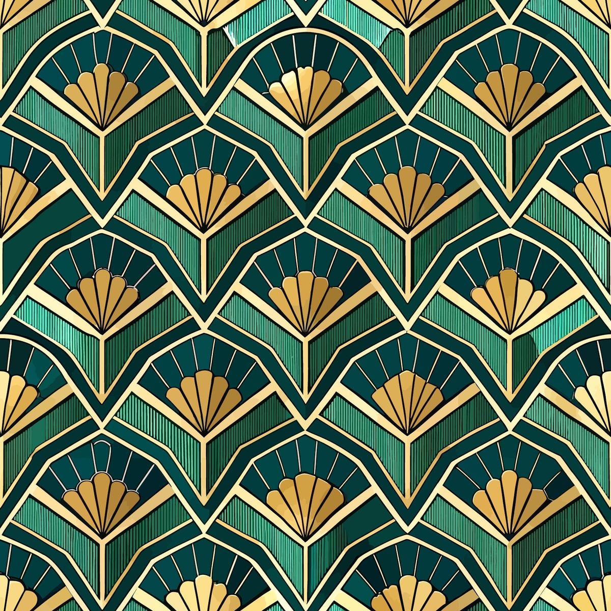 emerald green, gold, cream, art deco, fan pattern, geometric design, repeating motif, luxurious, elegant, vintage style,, fabric panel, ornate details, symmetrical pattern, decorative fans, intricate linework, sophisticated palette, 1920s inspired, glamorous aesthetic