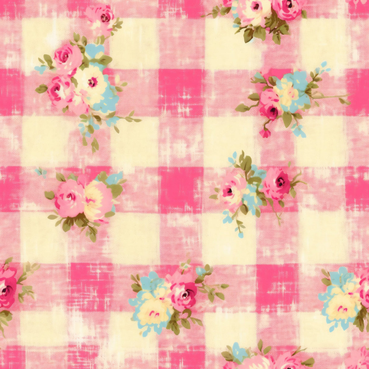 pink, cream, yellow, blue, plaid pattern, gingham, floral roses, country style, shabby chic,, fabric panel, vintage flowers, checkered background, cottage core, pastel colors, botanical motifs, feminine design, crafting material, patchwork suitable, distressed texture