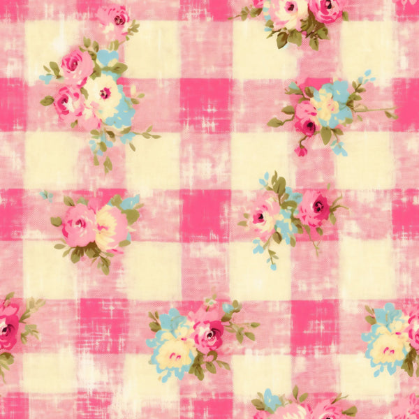 pink, cream, yellow, blue, plaid pattern, gingham, floral roses, country style, shabby chic,, fabric panel, vintage flowers, checkered background, cottage core, pastel colors, botanical motifs, feminine design, crafting material, patchwork suitable, distressed texture