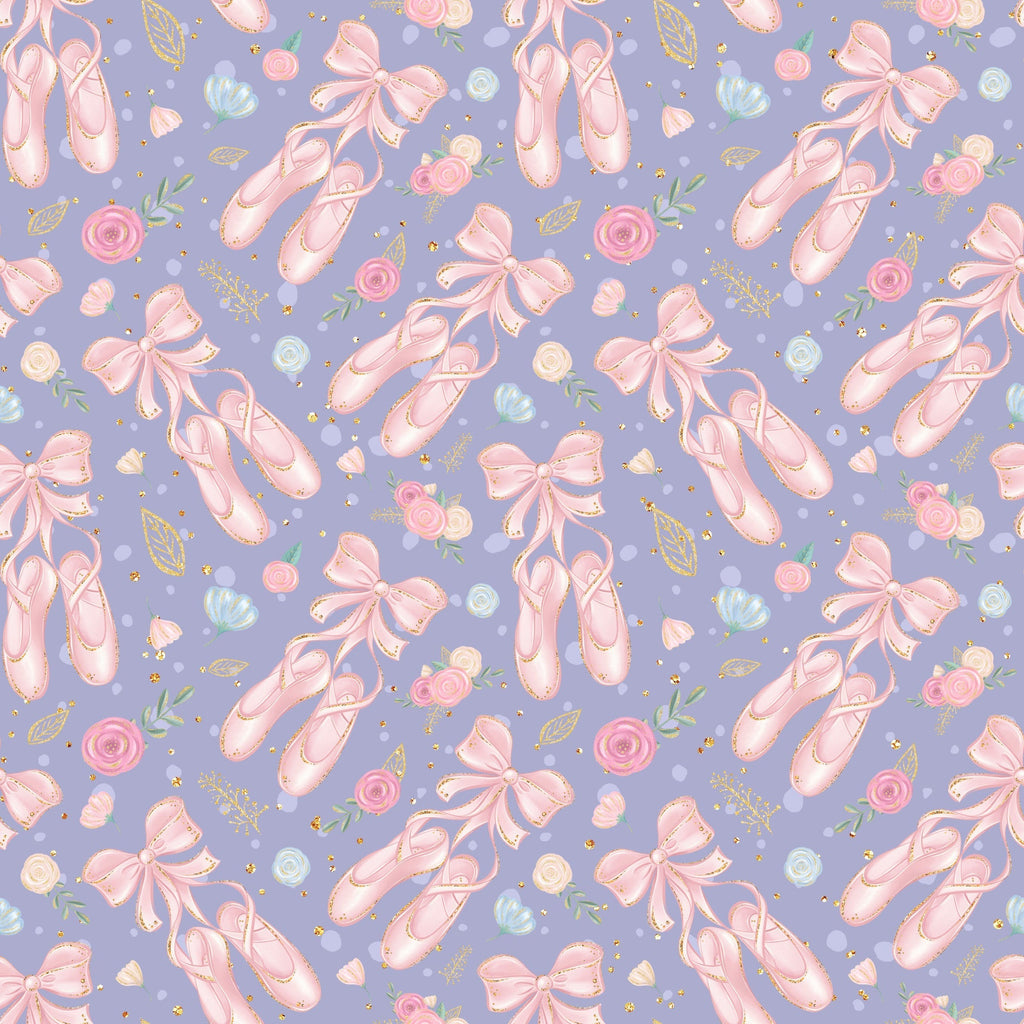 lavender purple, soft pink, ballet slippers, pointe shoes, floral roses, ribbon bows, gold accents, ballerina theme, dance motifs, feminine pattern,, repeating design, whimsical style, delicate flowers, scattered elements, pastel colors, romantic mood, fabric panel, craft material, sweet aesthetic