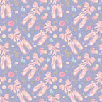 lavender purple, soft pink, ballet slippers, pointe shoes, floral roses, ribbon bows, gold accents, ballerina theme, dance motifs, feminine pattern,, repeating design, whimsical style, delicate flowers, scattered elements, pastel colors, romantic mood, fabric panel, craft material, sweet aesthetic