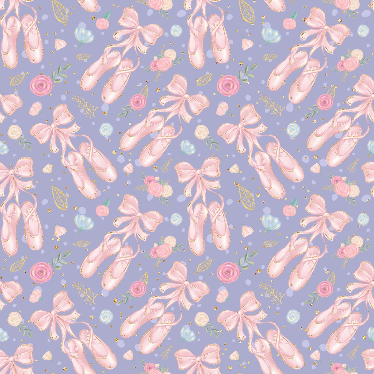 lavender purple, soft pink, ballet slippers, pointe shoes, floral roses, ribbon bows, gold accents, ballerina theme, dance motifs, feminine pattern,, repeating design, whimsical style, delicate flowers, scattered elements, pastel colors, romantic mood, fabric panel, craft material, sweet aesthetic