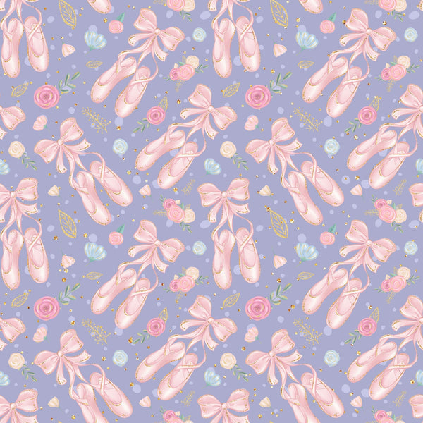 lavender purple, soft pink, ballet slippers, pointe shoes, floral roses, ribbon bows, gold accents, ballerina theme, dance motifs, feminine pattern,, repeating design, whimsical style, delicate flowers, scattered elements, pastel colors, romantic mood, fabric panel, craft material, sweet aesthetic