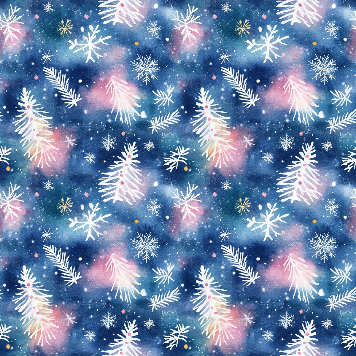 navy blue, pink, white, gold, watercolor style, christmas trees, snowflakes, pine branches, winter pattern, repeating design,, fabric panel, holiday theme, festive motifs, botanical elements, scattered placement, soft blending, seasonal fabric, crafting material, winter wonderland