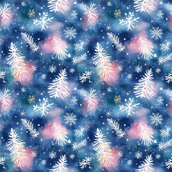 navy blue, pink, white, gold, watercolor style, christmas trees, snowflakes, pine branches, winter pattern, repeating design,, fabric panel, holiday theme, festive motifs, botanical elements, scattered placement, soft blending, seasonal fabric, crafting material, winter wonderland