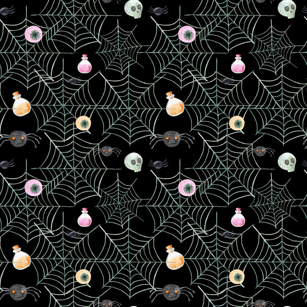 black background, spiderweb, spider, potion bottles, pink potion, orange potion, skull, eyeball, halloween, spooky, witchy, dark, gothic, whimsical, creepy cute, mystical, magic, enchanted, kids halloween, seasonal, trick or treat, witch theme, poison bottle, mystical eyes, beige web, glow in the dark aesthetic