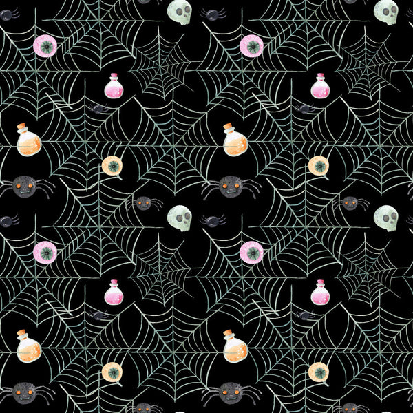 black background, spiderweb, spider, potion bottles, pink potion, orange potion, skull, eyeball, halloween, spooky, witchy, dark, gothic, whimsical, creepy cute, mystical, magic, enchanted, kids halloween, seasonal, trick or treat, witch theme, poison bottle, mystical eyes, beige web, glow in the dark aesthetic