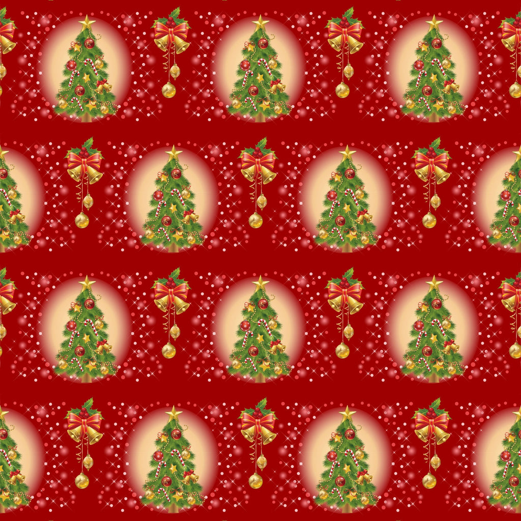 red background, christmas trees, golden bells, ornament decorations, candy canes,, fabric panel, holiday pattern, festive design, green pine trees, gold accents, christmas ornaments, repeating motifs, seasonal fabric, bright red, forest green, metallic gold, holiday crafting, christmas quilting, winter theme