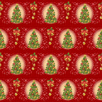 red background, christmas trees, golden bells, ornament decorations, candy canes,, fabric panel, holiday pattern, festive design, green pine trees, gold accents, christmas ornaments, repeating motifs, seasonal fabric, bright red, forest green, metallic gold, holiday crafting, christmas quilting, winter theme