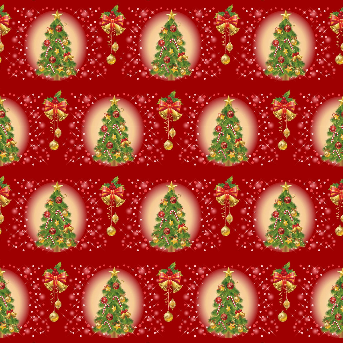 red background, christmas trees, golden bells, ornament decorations, candy canes,, fabric panel, holiday pattern, festive design, green pine trees, gold accents, christmas ornaments, repeating motifs, seasonal fabric, bright red, forest green, metallic gold, holiday crafting, christmas quilting, winter theme