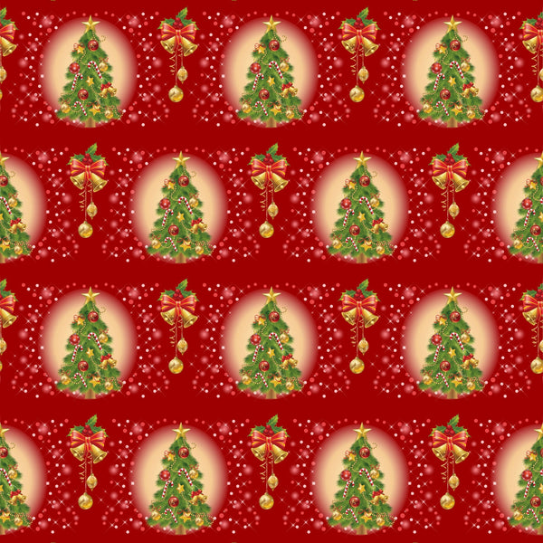red background, christmas trees, golden bells, ornament decorations, candy canes,, fabric panel, holiday pattern, festive design, green pine trees, gold accents, christmas ornaments, repeating motifs, seasonal fabric, bright red, forest green, metallic gold, holiday crafting, christmas quilting, winter theme