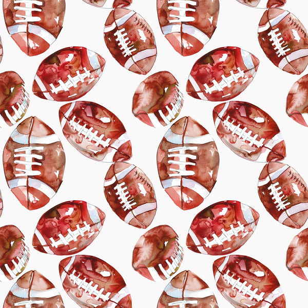 watercolor, football pattern, brown footballs, burgundy, rust red, white laces, sports theme, athletic design, repeating pattern,, fabric panel, seamless design, autumn colors, earthy tones, game day, american football, scattered footballs, watercolor technique, cotton fabric, craft material