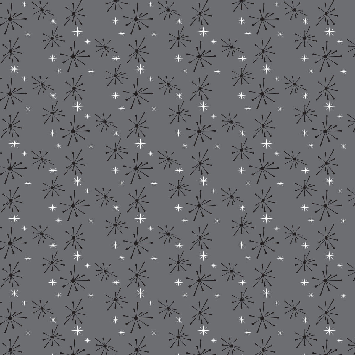 gray, charcoal, white, starburst pattern, atomic design, mid-century modern, retro stars, geometric shapes, radiating lines, vintage style, 1950s aesthetic,, fabric panel, repetitive pattern, scattered stars, space age motif, modernist design, minimalist colors, textile design, crafting material