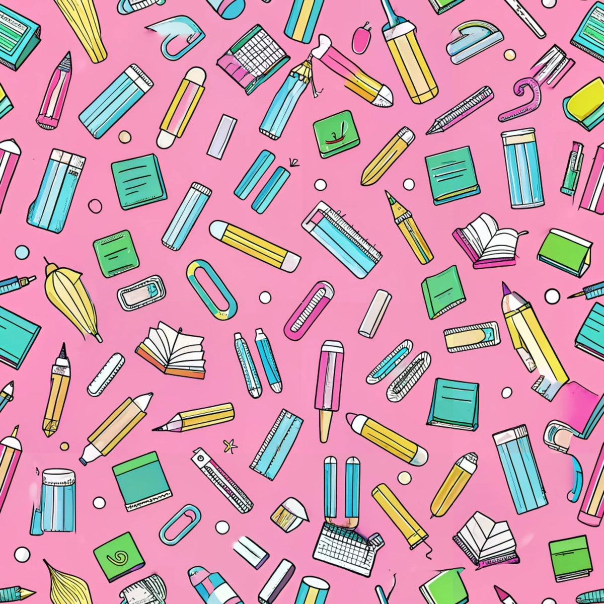 pink background, school supplies, pencils, books, rulers, erasers, paper clips, staplers, scattered pattern, bright colors, yellow accents, blue details, green elements, white highlights, educational theme, back to school,, fabric panel, stationery items, random placement, cheerful design, craft supplies