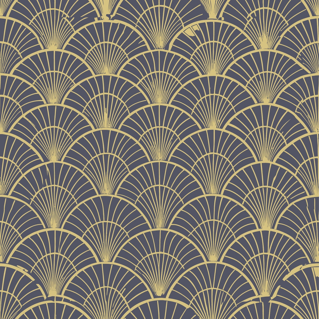 art deco, geometric pattern, fan motif, scalloped design, gold, yellow, purple, gray, repeating pattern, radiating lines, vintage style, elegant, sophisticated,, fabric panel, overlapping scales, sunburst design, luxurious, 1920s inspired, ornamental