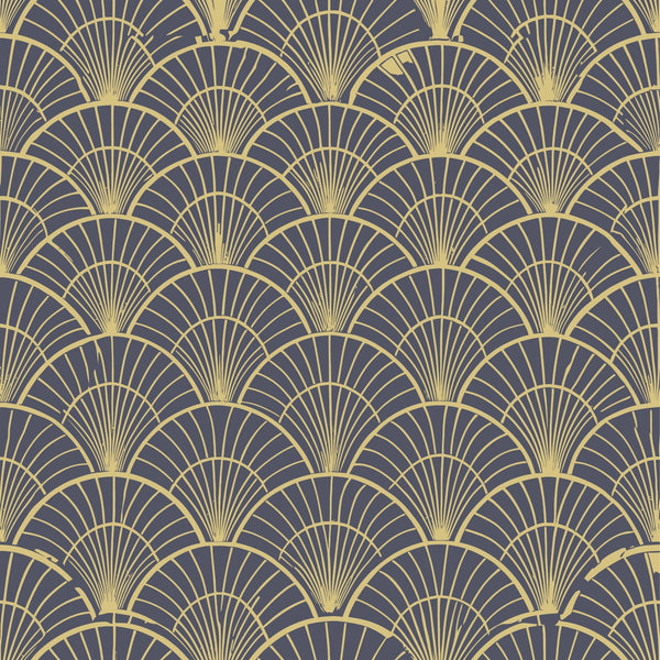 art deco, geometric pattern, fan motif, scalloped design, gold, yellow, purple, gray, repeating pattern, radiating lines, vintage style, elegant, sophisticated,, fabric panel, overlapping scales, sunburst design, luxurious, 1920s inspired, ornamental