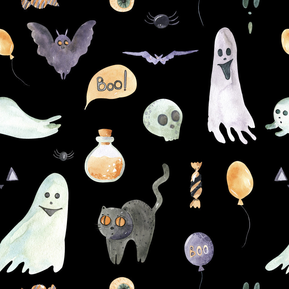 halloween, ghosts, bats, black cat, skull, potion bottle, candy, balloon, spooky, creepy, witchy, trick or treat, fall, autumn, orange, cream, pale green, dusty purple, dark gray, charcoal, black background, whimsical, playful, kids, children, toddler, nursery, playroom, themed fabric, holiday