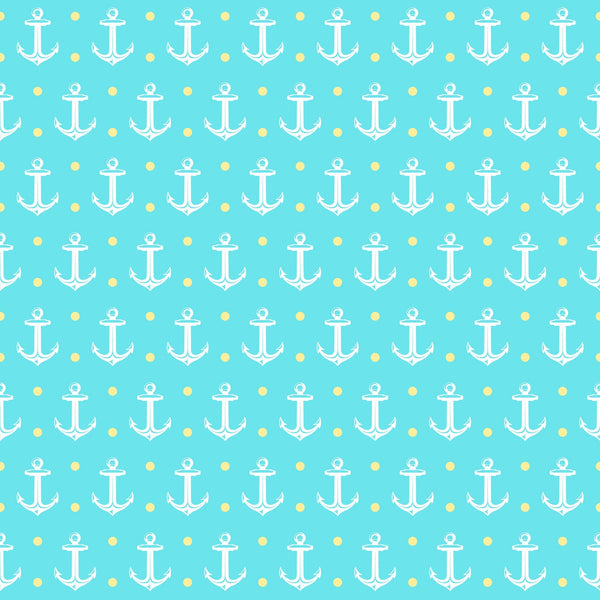 turquoise, aqua blue, yellow dots, white anchors, nautical pattern, maritime symbols, summer beach, ocean theme, repetitive design, geometric layout, sailing motif, coastal style,, fabric panel, sea inspired, marine elements, polka dots, anchor symbols, tropical colors, beachy vibes