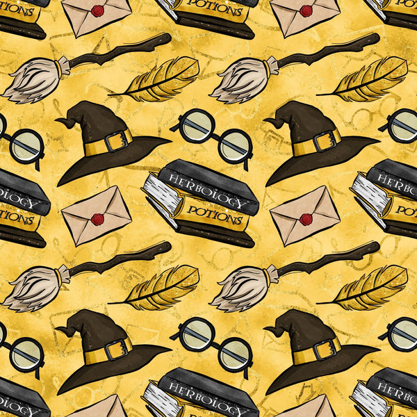 yellow background, golden yellow, witch hat, round glasses, broomstick, feather quill, herbology potions, envelope letter, magical elements, wizard theme, repeating pattern,, fabric panel, school supplies, potion bottles, vintage style, whimsical design, fantasy motifs, craft fabric, sewing material