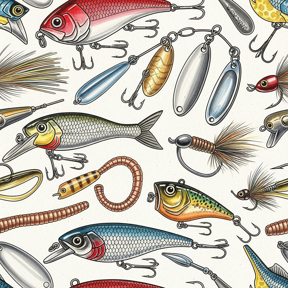 fishing lures, fishing tackle, fish, red fish, blue fish, gold metallic, silver metallic, brown, tan, nautical, outdoor, fishing theme, sports, whimsical, detailed illustration, vintage fishing, hooks, spinners, worms, realistic, adventure, boys room, playroom, fishing enthusiast, nature inspired, hobbies, recreation