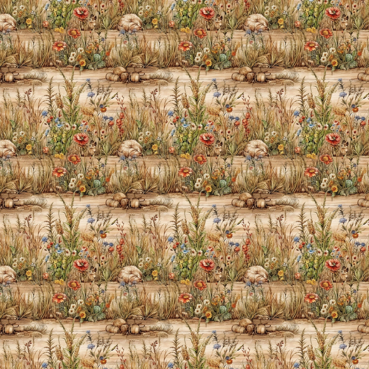 Cottage Meadow Pattern 1 fleece fabric with wheat grasses, wildflowers, pumpkins, and gourds