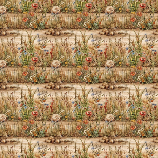 Cottage Meadow Pattern 1 fleece fabric with wheat grasses, wildflowers, pumpkins, and gourds