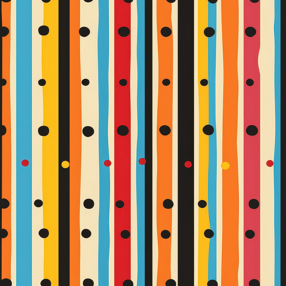orange, blue, yellow, red, black, cream, vertical stripes, polka dots, geometric pattern, colorful design,, fabric panel, modern style, vibrant colors, retro aesthetic, playful pattern, craft fabric, sewing material, bright stripes, scattered dots