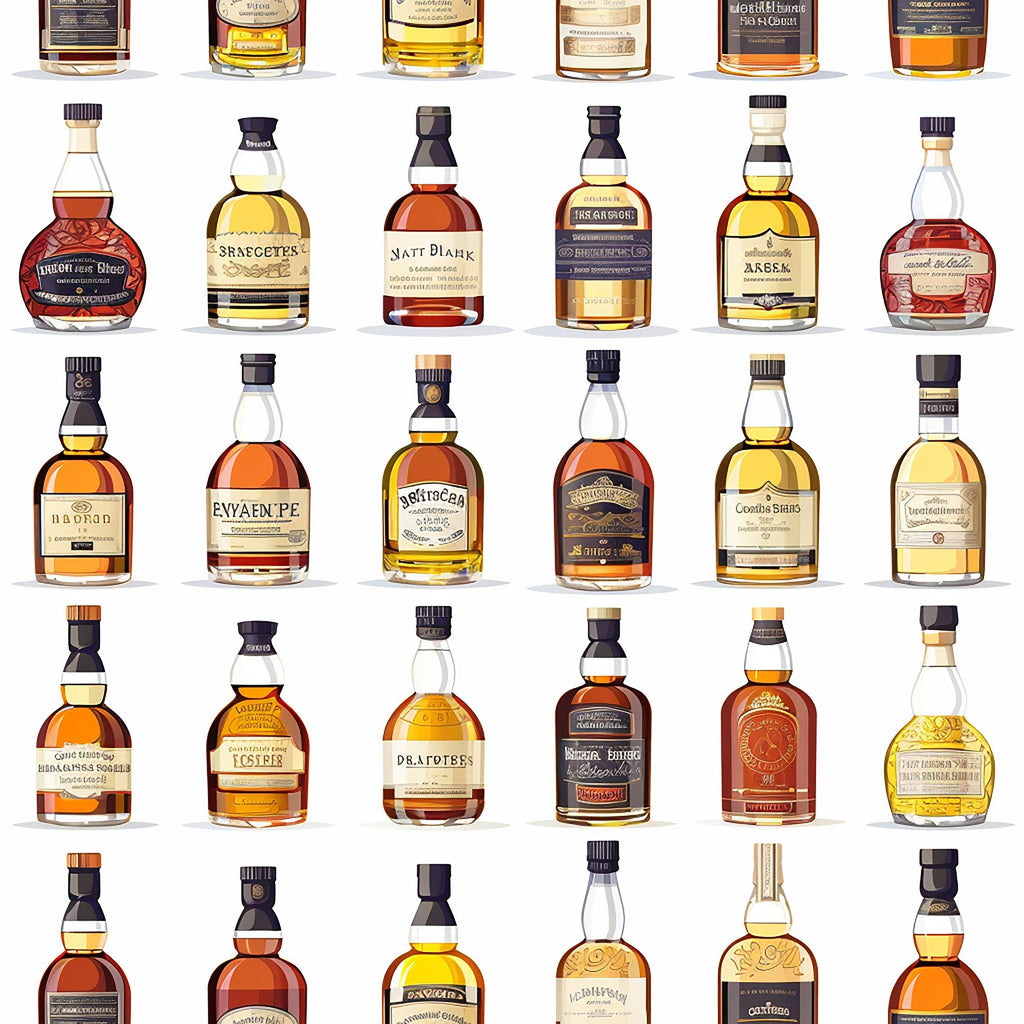 amber, golden, brown, copper, whiskey bottles, alcohol pattern, scottish theme, glass bottles, liquid amber, bottle collection,, fabric panel, realistic illustration, beverage motif, distillery theme, warm tones, bottle labels, spirits pattern, celtic inspired, masculine design