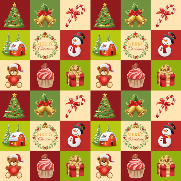 christmas fabric panel,, red background, green background, cream background, christmas tree, golden bells, candy canes, snowman, teddy bear, cupcake, gift box, winter house, holly wreath, checkered pattern, festive motifs, holiday symbols, repeating squares, winter theme, christmas decorations