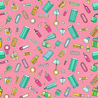 pink background, school supplies, office supplies, scattered pattern, teal accents, yellow highlights, green elements, white details, stationery items, pencils, notebooks, erasers, paper clips, magnifying glass, desk lamp, rulers, geometric shapes, playful illustration, back to school,, fabric panel, educational theme, colorful cartoon style