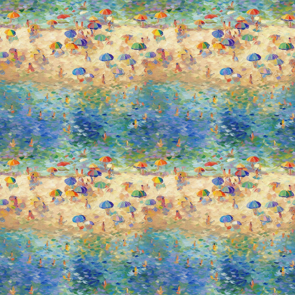 beach scene, impressionist style, colorful umbrellas, swimmers, ocean water, sandy beach, blue water, vibrant colors, summer vacation, seaside painting,, fabric panel, pointillism technique, beachgoers, parasols, turquoise, orange, purple, yellow, green, artistic pattern, water reflections