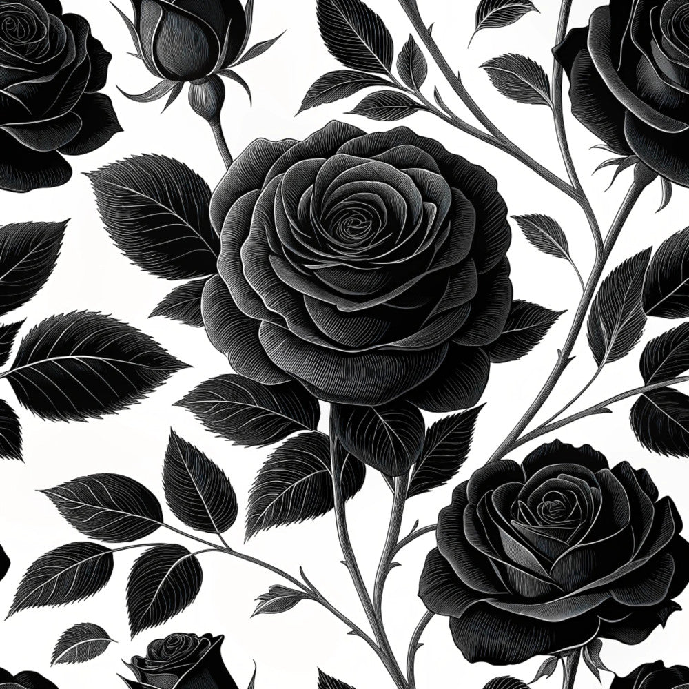 black and white, monochrome, grayscale, floral, roses, botanical, nature, elegant, romantic, vintage, classic, traditional, gothic, dramatic, detailed line work, engraved style, luxury, sophisticated, garden, rose garden, timeless, black roses, white background, high contrast, ornate, victorian, formal, illustration style