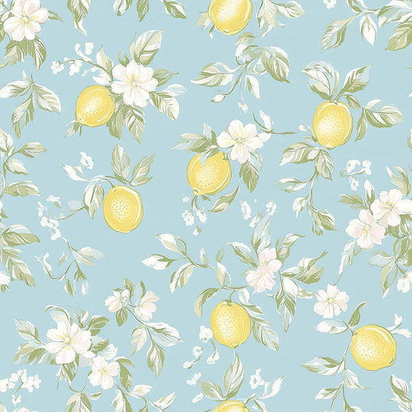 lemon yellow, soft blue, pale pink, white blossoms, citrus fruit, floral pattern, botanical design, shabby chic, vintage style,, fabric panel, spring motif, delicate flowers, pastel colors, romantic aesthetic, cottage core, feminine design, botanical illustration, repeating pattern, soft watercolor