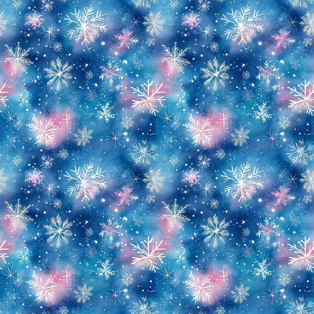 watercolor blue, christmas pattern,, fabric panel, snowflakes, winter motifs, blue background, pink accents, white snowflakes, starry sky, celestial design, holiday fabric, winter wonderland, frosty patterns, snow crystals, magical atmosphere, dreamy design, seasonal fabric, crafting material, cotton fabric