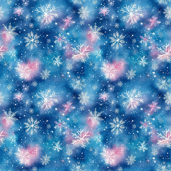 watercolor blue, christmas pattern,, fabric panel, snowflakes, winter motifs, blue background, pink accents, white snowflakes, starry sky, celestial design, holiday fabric, winter wonderland, frosty patterns, snow crystals, magical atmosphere, dreamy design, seasonal fabric, crafting material, cotton fabric