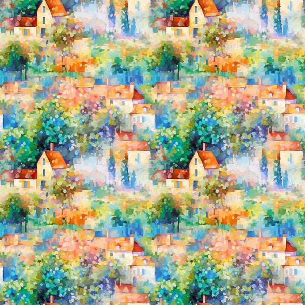 impressionist style, monet inspired, cottage houses, village scene, orange roofs, blue water, green foliage, colorful trees, pointillism technique, peaceful landscape,, fabric panel, watercolor effect, pastoral scene, european village, artistic pattern, vibrant colors, repeating motif, countryside setting, painterly style