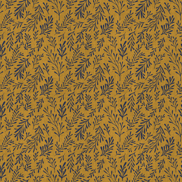 mustard yellow, navy blue, gold, botanical, leaves, branches, nature, organic, traditional, elegant, vintage, rustic, botanical print, leafy, foliage, natural elements, earthy, warm tones, classic, timeless, home decor, upholstery, autumn, fall, sophisticated, repeating pattern, all-over print, texture