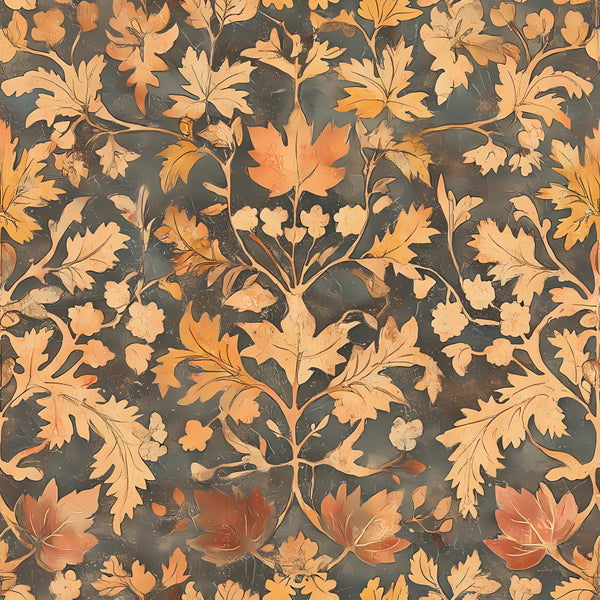 charcoal gray, burnt orange, golden yellow, rust orange, cream, warm gold, floral, botanical, leaves, oak leaves, four-leaf clovers, flowers, vintage, elegant, traditional, classical, nature, autumn, fall, spring, damask, ornate, decorative, timeless, romantic, cottage core, heritage, antique, artistic
