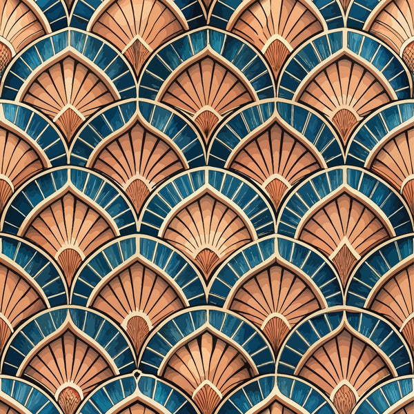 art deco, fan pattern, geometric design, teal blue, copper orange, peachy pink, cream accents, radiating lines, scalloped motifs, repeating pattern, vintage style, 1920s inspired, elegant motifs, shell shapes, sunburst design,, fabric panel, luxurious feel, sophisticated pattern