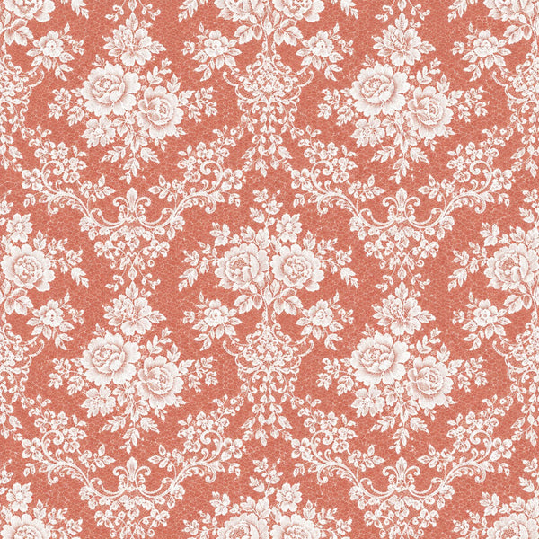 coral red, cream white, dusty rose, floral, damask, roses, peonies, vintage, elegant, traditional, romantic, botanical, ornate, baroque, spring, garden, nature, shabby chic, french country, cottage core, delicate flowers, scrollwork, leafy vines, classic pattern, timeless, feminine, sophisticated, home decor, nursery, quilt backing