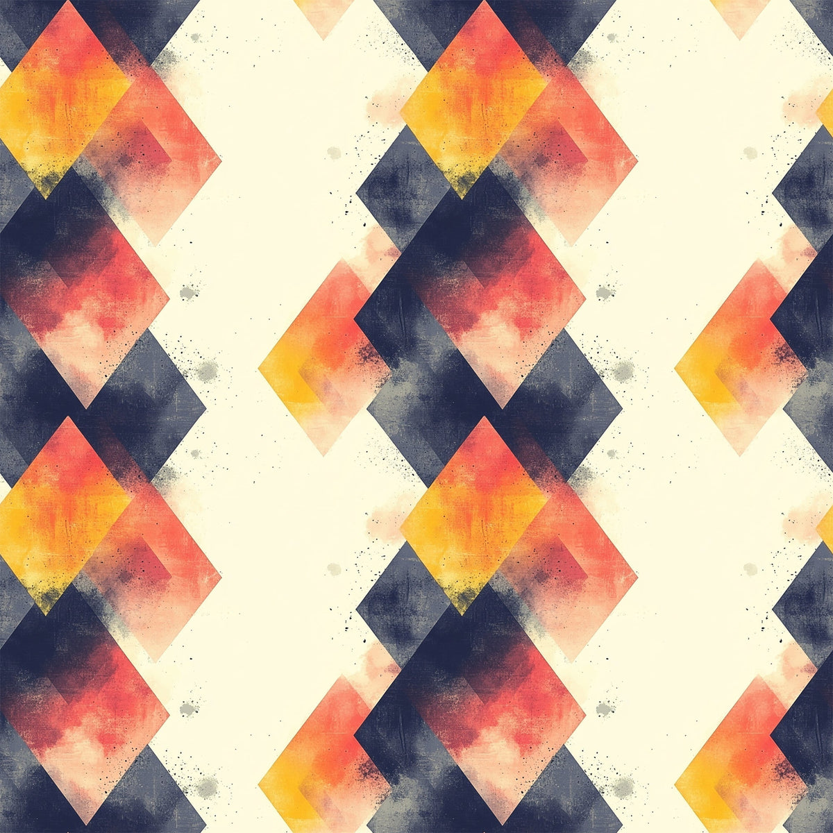 geometric pattern, mid century modern, diamond shapes, coral pink, navy blue, cream white, golden yellow, watercolor texture, retro design,, fabric panel, overlapping diamonds, vintage style, abstract geometric, warm colors, cool colors, repeating pattern, modernist design, textured appearance, angular shapes