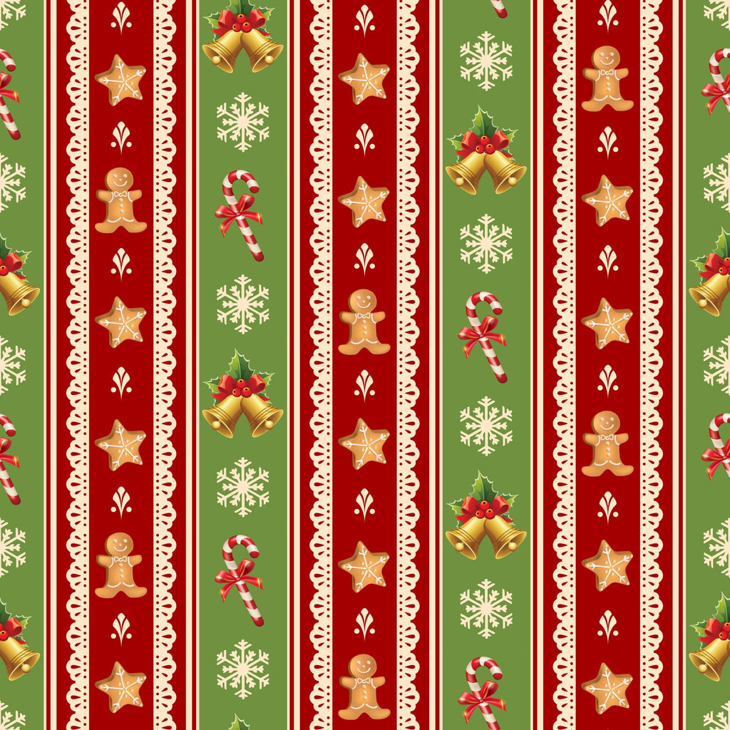 christmas fabric,, fabric panel, red stripes, green stripes, cream lace borders, gingerbread men, candy canes, snowflakes, christmas bells, star cookies, holly berries, festive pattern, holiday motifs, vertical stripes, christmas treats, winter symbols, seasonal fabric, decorative lace trim, holiday baking theme
