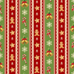 christmas fabric,, fabric panel, red stripes, green stripes, cream lace borders, gingerbread men, candy canes, snowflakes, christmas bells, star cookies, holly berries, festive pattern, holiday motifs, vertical stripes, christmas treats, winter symbols, seasonal fabric, decorative lace trim, holiday baking theme