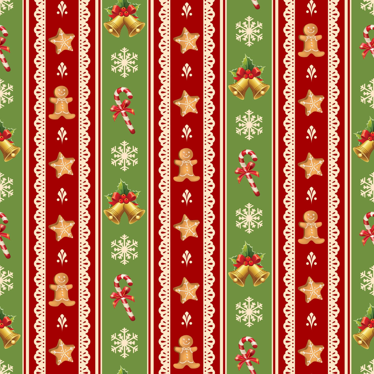 christmas fabric,, fabric panel, red stripes, green stripes, cream lace borders, gingerbread men, candy canes, snowflakes, christmas bells, star cookies, holly berries, festive pattern, holiday motifs, vertical stripes, christmas treats, winter symbols, seasonal fabric, decorative lace trim, holiday baking theme