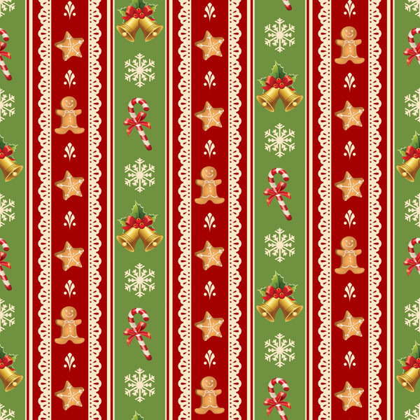 christmas fabric,, fabric panel, red stripes, green stripes, cream lace borders, gingerbread men, candy canes, snowflakes, christmas bells, star cookies, holly berries, festive pattern, holiday motifs, vertical stripes, christmas treats, winter symbols, seasonal fabric, decorative lace trim, holiday baking theme