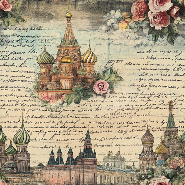 vintage postcards, russian architecture, st. basil's cathedral, onion domes, pink roses, floral motifs, handwritten script, travel theme, muted pastels, sage green, dusty rose, cream background,, fabric panel, nostalgic artwork, european landmarks, botanical elements, aged paper effect, romantic florals, cultural monuments