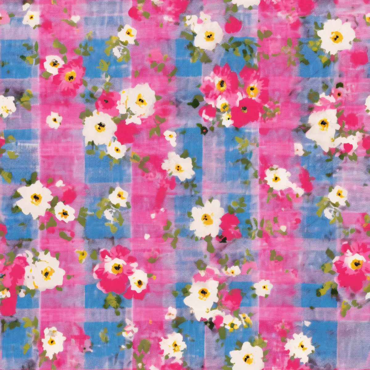 pink, blue, purple, white, yellow, floral pattern, plaid background, country style,, fabric panel, blooming flowers, green leaves, checkered design, feminine colors, rustic charm, cottage core, spring florals, watercolor style, soft pastels, garden theme