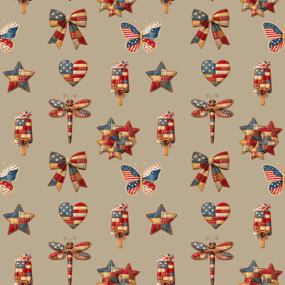 patriotic, red white and blue, stars, hearts, butterflies, dragonflies, bows, popsicles, americana, fourth of july, independence day, summer, rustic, vintage, traditional, folk art, quilted, checkered, gingham, plaid, tan background, navy blue, red, cream, stars and stripes, firecracker, holiday, celebration, patriot, kids room